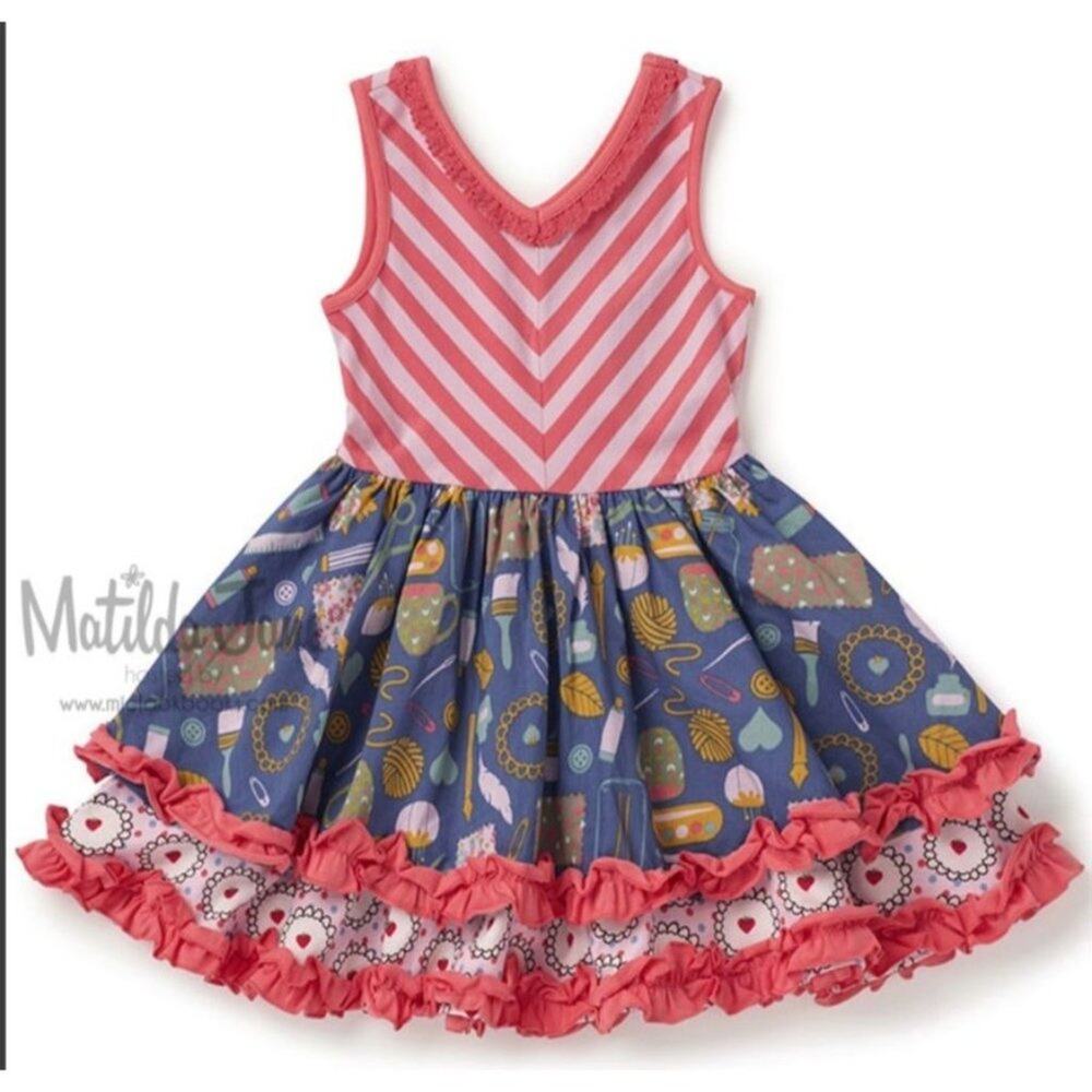 Matilda Jane Girls Size 4 Work of Heart Dress Pink Blue Ruffle Chevron Gorgeous,